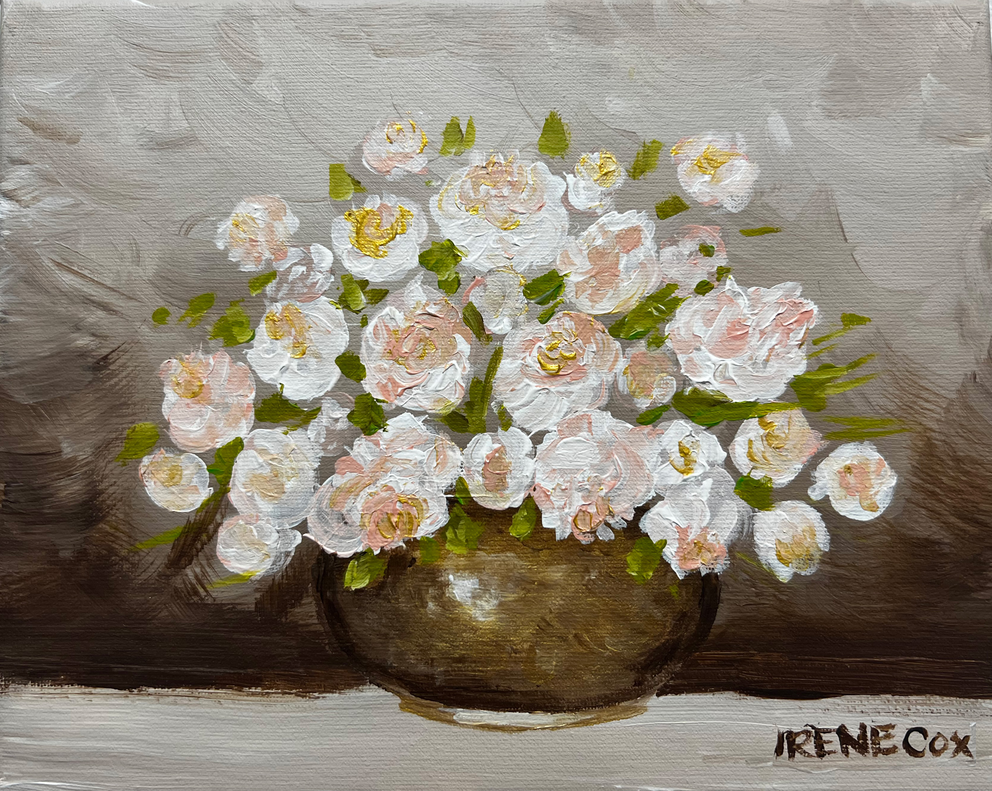 Irene Cox painting of flowers on a beige background 15